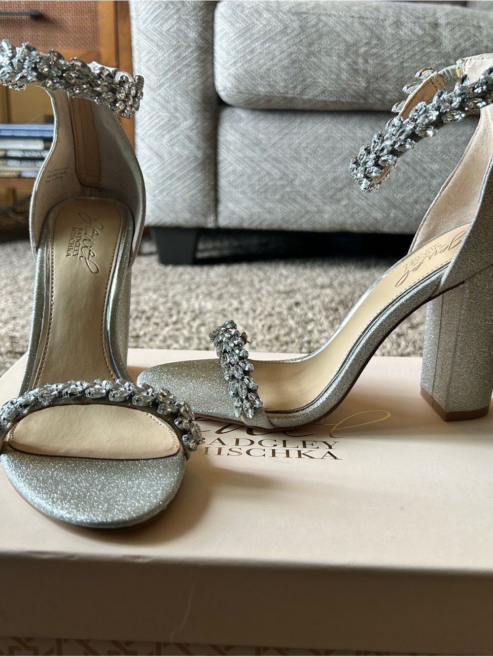 Badgley Mischka Silver Glitter Crystal-Strap Block Heels